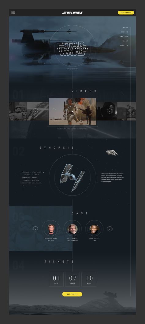 Concept design for a one-page website to launch the Star Wars - The Force within movie. Designed in 4 hours. Galaxy Website Design, Microsite Design, Design Sites, Fashion Portfolio Layout, Graphisches Design, One Page Website, Presentation Layout, Web Ui Design, Design Brochure