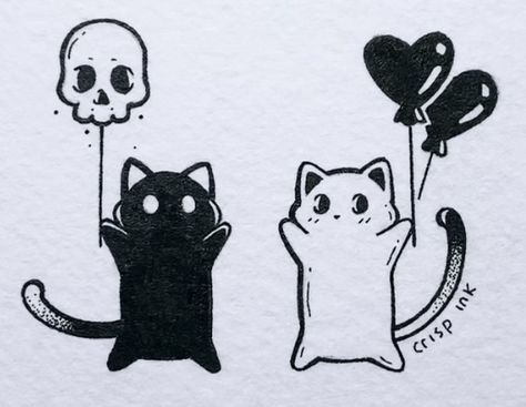 Opposite Drawing Ideas, Opposite Aesthetic Best Friends, Funny Cat Tattoos, Goth Matching Tattoos, Opposite Best Friend Tattoos, Ghost Cat Tattoo, Opposite Tattoos, Balloons Tattoo, Crisp Ink