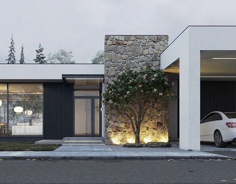 Forest House on Behance Modern Bungalow Exterior, Modern Residential Architecture, Bungalow Exterior, Modern Bungalow House, Casa Country, Modern Exterior House Designs, Modern Bungalow, House Outside Design, Village House