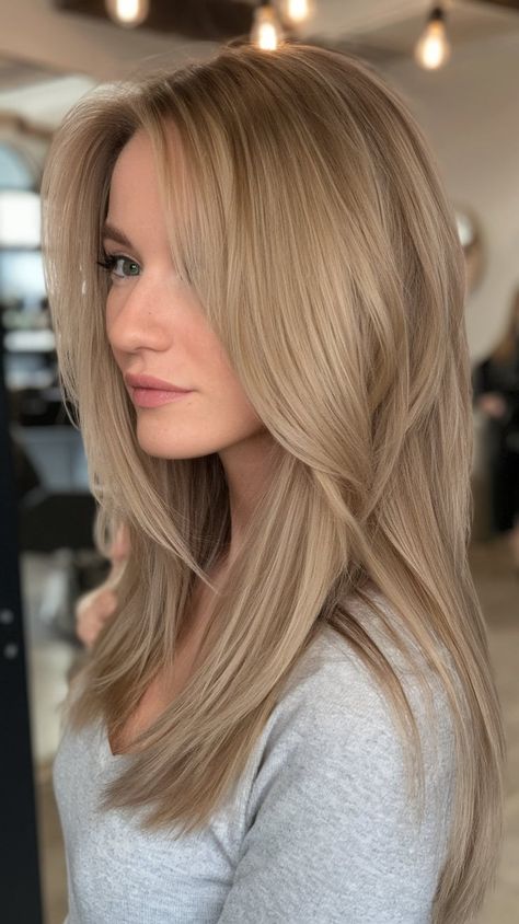 This honey beige balayage is all about warmth and radiance, making it one of the most flattering spring balayage blonde ideas for 2025. The golden hues blend seamlessly into lighter sandy tones, creating a luxurious sunlit effect that brightens the entire look. Honey Beige Balayage, Golden Beige Blonde Hair, Honey Beige Hair, Honey Beige Blonde Hair, Golden Honey Blonde Balayage, Blonde Beige Hair, Spring Balayage Blonde, Light Brown Hair Ideas, Spring Balayage