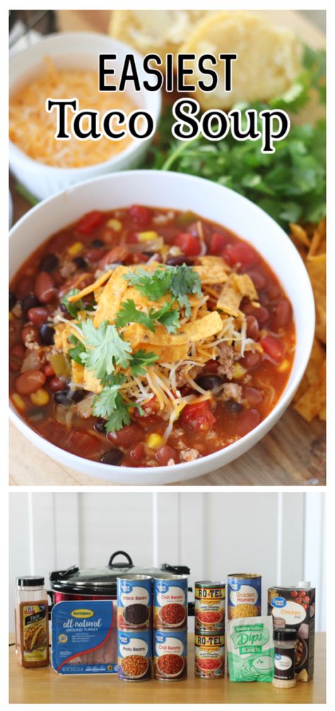 The EASIEST Taco Soup Recipe Taco Soup Can Recipe, Taco Soup Recipe With Ranch Packet, Taco Soup With Ranch Packet, Taco Soup Ranch, Taco Soup Recipe Crockpot, Slow Cooker Taco Soup, Slow Cooker Taco, Taco Soup Recipe Easy, Pantry Challenge