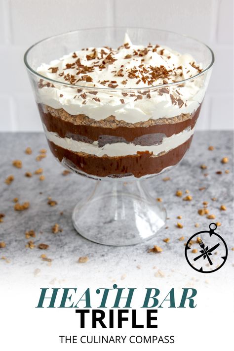 This Heath Bar Trifle combines all of your favorites! It's got layers of chocolate pudding, brownies, Heath Bars and Cool Whip. What more could you want? Heath Bar Truffle Dessert, Heath Bar Trifle Recipe, Heath Bar Trifle, Heath Bar Recipes, Heath Bar Dessert, Heath Bar Cake, Pudding Brownies, Brownie Trifle Recipe, Trifle Bowl Recipes