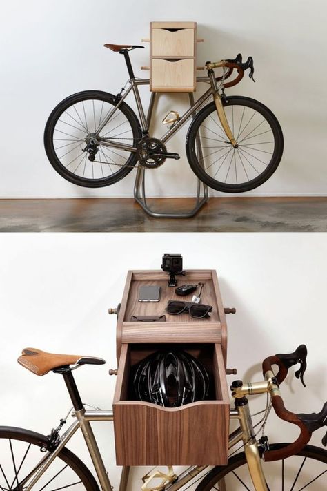 Standing sturdily on shiny metal legs, all of these wooden bike racks not only gives you a stylish way to store your bike but also provides you extra storage space to keep cycling gear. Cycling Gear Storage, Freestanding Bike Rack, Diy Bike Rack, Bicycle Stand, Support Velo, Wooden Bike, Gear Rack, Bike Racks, Bike Stand