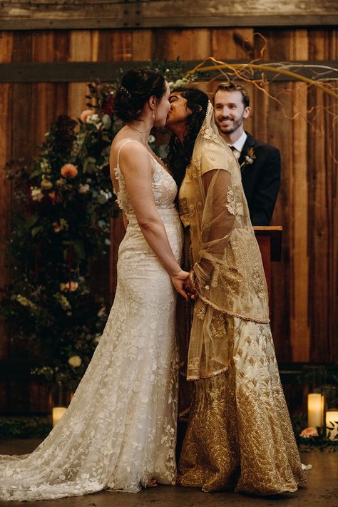 Romantic, industrial fall wedding with Indian cultural touches Weddings In Different Cultures, Queer Indian Wedding, Indian Lesbian Wedding, Lesbian Indian Wedding, Interracial Indian Wedding, Mixed Culture Wedding, Poc Wedding, Indian Culture Aesthetic, Wlw Wedding Aesthetic