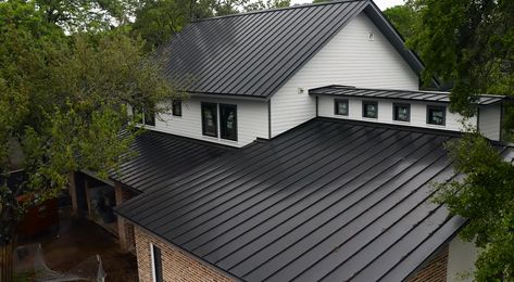 Residential Home (Matt Risinger) | Austin, TX | Color: Matte Black Matte Black Metal Roof, Modern House Black, Roof Renovation, Black Metal Roof, Asphalt Roof, Metal Roofing, Roofing Sheets, Metal Sheet, Roof Design