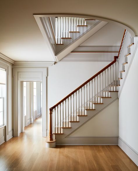 Hendricks Churchill, Cottage Stairs, Country Bumpkin, Staircase Railings, White Oak Floors, Wood Stairs, Interior Stairs, Greek Revival, Stair Railing