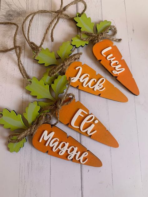 Easter Basket Name Tags, Carrot Name Tags, Wooden Name Labels, Wooden Gift Labels, Easter Gifts, ... | Etsy (US) Place Cards Diy, Easter Basket Name Tags, Spring Tags, Carrot Decor, Easter Bunny Centerpiece, Burlap Easter Wreath, Carrots Easter, Easter Floral Arrangement, Farmhouse Easter Decor