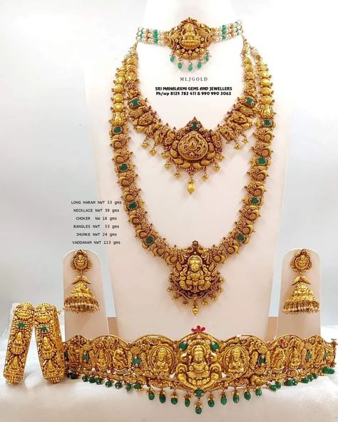 SRI MAHALAXMI GEMS & JEWELLERS | Light weight Naksho work Wedding set with Vadyanam, Haram, Necklace, Ear rings n Choker. Visit us for Wide range in your choice of weight… | Instagram Necklace Set Gold Wedding Jewelry, Bridal Set Jewellery, Wedding Jewelry Sets Bridal Jewellery, Instagram Light, New Gold Jewellery Designs, Bridal Choker, Gold Wedding Jewelry, Jewellery Sets, Bridal Gold Jewellery Designs