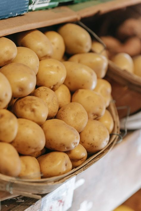 Basket with fresh potatoes placed on counter in market · Free Stock Photo Potato Photo, Grow Potatoes In Container, Container Potatoes, Green Potatoes, Garlic Roasted Potatoes, Baking Measurements, Fresh Potato, Potato Crisps, Growing Potatoes