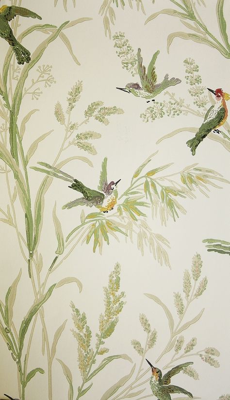 Colourful Birds, Printed Wallpaper, Muted Green, Cream Background, Light Cream, Designer Wallpaper, Birds, Cream, Plants