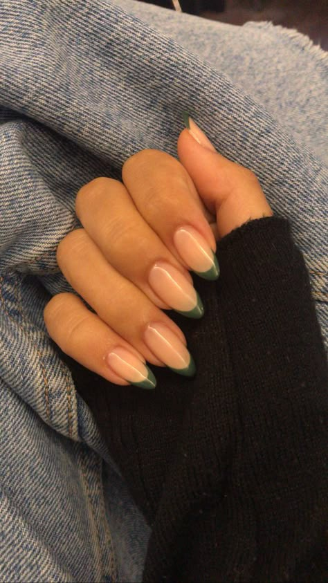 Green French Top Acrylic Nails, Dark Green Almond Nails French Tip, French Nails For Dark Skin, Deep Green French Tip Nails, Nails To Match Dark Green Dress, French Nails Green Tips, Olive Green French Nails, Dark Green French Tip Nails Almond, Army Green French Tip Nails