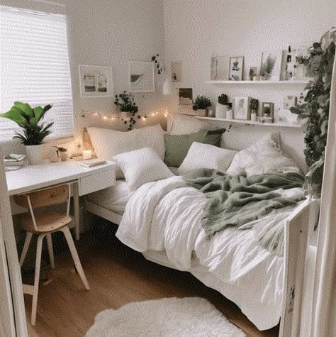 Dorm Room Ideas Green And White, Sage Green And White Room Ideas, College Dorm Room Decor Ideas Aesthetic, Cute Bedroom Ideas Green, Sage Green Dorm Decor, Sage Green Dorm Aesthetic, Sage Green Bedroom Ideas Inspiration, Sage Green And White Bedroom Ideas, White And Sage Bedroom