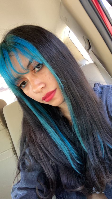 Blue Black Hair With Curtain Bangs, Blue Curtain Bangs Brown Hair, Dyed Bangs Only, Black And Bright Blue Hair, Blue Black Hair With Bangs, Blue Front Pieces Of Hair, Blue Fringe Hair, Blue Bangs Hair, Black And Light Blue Hair