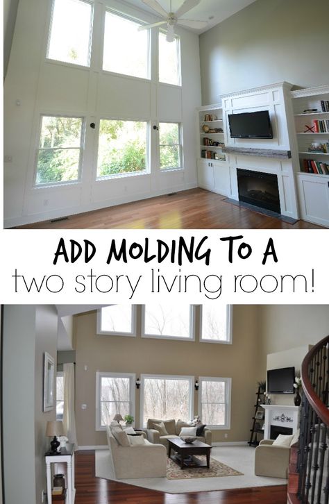 Decorate Two Story Living Room, Decorate 2 Story Living Room, 2 Story Living Room Molding, Wall Molding 2 Story Living Room, Shiplap Two Story Living Room, Wainscoting 2 Story Living Room, Decorating 2 Story Walls, Two Story Living Room Wall Moldings, How To Decorate Two Story Walls