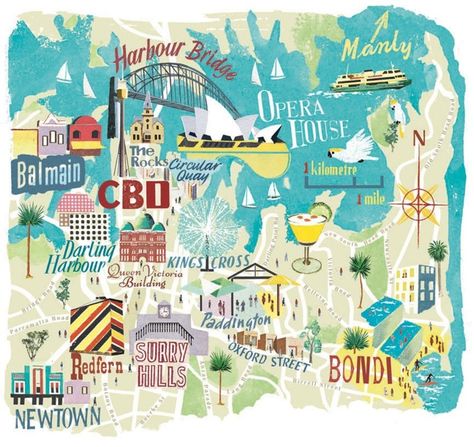 Travel Sydney, Sydney Trip, Sydney Map, City Of Adelaide, Illustrated Maps, Sydney Travel, Australia Vacation, Pink Lake, Airlie Beach