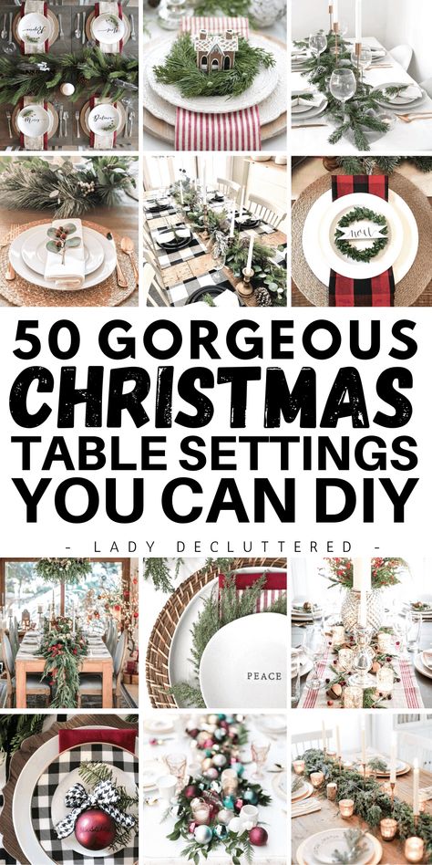 50 Gorgeous Christmas Table Settings You Can DIY » Lady Decluttered Holiday Table Settings Christmas, Themed Tablescapes, Christmas Dinner Table Settings, Christmas Table Decorations Diy, Christmas Place Settings, Diy Christmas Table, Holiday Tablescape, Centerpiece Christmas, Christmas Dining Table