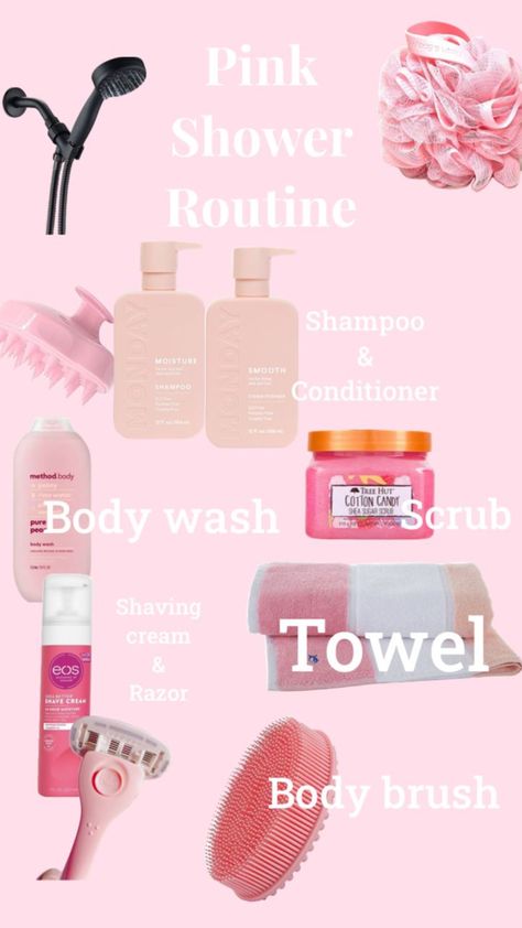 Preppy Pink Bathroom, Preppy Shower Products, Pink Shower Routine, Preppy Shower Routine, Pink Hygiene, Preppy Morning, Shower Essentials, Preppy Skincare, Natural Straight Hair