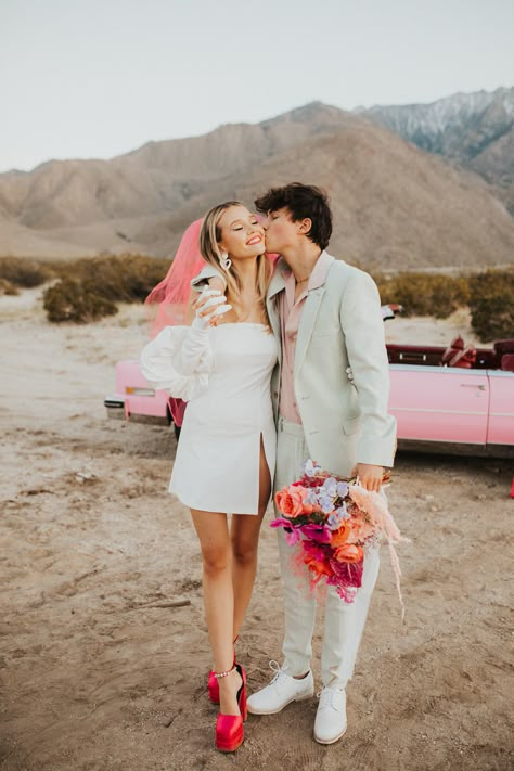 Pastel Wedding Photography, Vegas Wedding Photos, Pink Veil, Alaska Wedding, Pink Convertible, Stamp Of Approval, Extravagant Wedding, Beautiful Veil, Tea Length Wedding