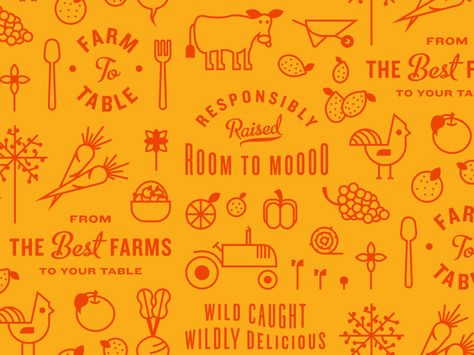 Farm to Table Pattern by Kyle Anthony Miller  Pattern that will be printed on butcher shop paper for packaging. Food Pattern Design, Farm Pattern, Food Pattern, Food Patterns, Food Graphic Design, Butcher Shop, Farm To Table, Restaurant Branding, Logo Restaurant