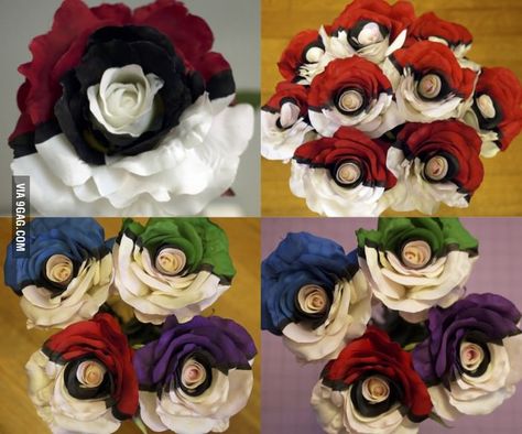 Colored Pokeball Roses....im soooo going to make this!!! Gamer Wedding, Nerd Wedding, Geeky Wedding, Nerdy Wedding, Anime Wedding, Geek Wedding, Pokemon Theme, Pokemon Party, Wedding Games