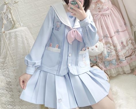 Sugar ♨ Café Pink Japanese School Outfit, Blue Kawaii Clothes, Pastel Blue Clothes, Kawaii Office, Gamer Aesthetic, Edgy Fits, 2000s Japanese Fashion, Japanese Uniform, Bunny Outfit