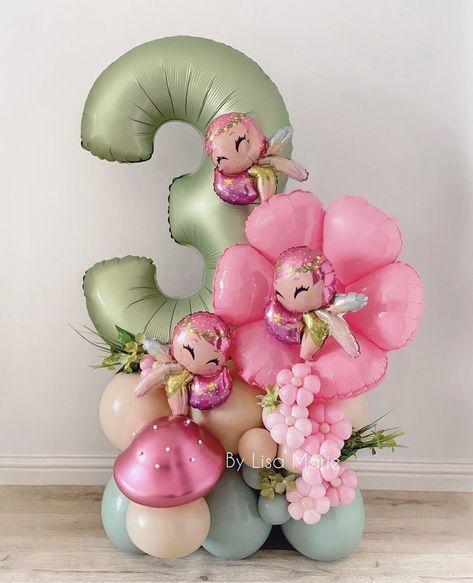 Fairy Birthday Party Balloons, Fairy Birthday Balloons, Fairy Balloons, Fairy Birthday Decorations, Poppy Harlow, Woodland Fairy Birthday, Woodland Fairies, Balloon Arrangement