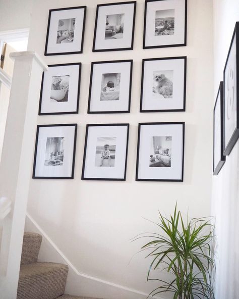 Diy gallery wall layout featuring nine large prints on a stairs wall. Tutorial showing exactly how to cut your own mounts and printable template with all the measurements you’ll need to create your own gallery wall Small Photo Gallery Wall, Wall Display Ideas, Gallery Wall Tutorial, Stairway Gallery, Stairway Gallery Wall, Gallery Wall Template, Photo Gallery Wall, Gallery Wall Staircase, Small Gallery Wall