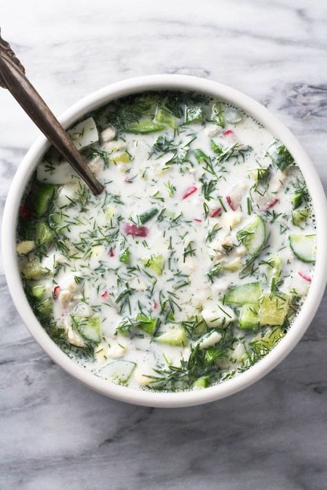 Okroshka is a refreshing Russian Cold Soup that's perfect for a hot summer day. It's healthy, delicious, and very filling. This simple recipe is very easy to make using budget-friendly ingredients. This chilled soup can be made with kvass, kefir, or kombucha. Perfect for meal-prep. #Russian #recipe #coldsoup #mealprep Fresh Vegetable Salad Recipes, Summer Soup Recipes, Cold Soup Recipes, Chilled Soup, Vegetable Salad Recipes, Large Family Meals, Summer Soup, Cold Soup, Russian Recipes