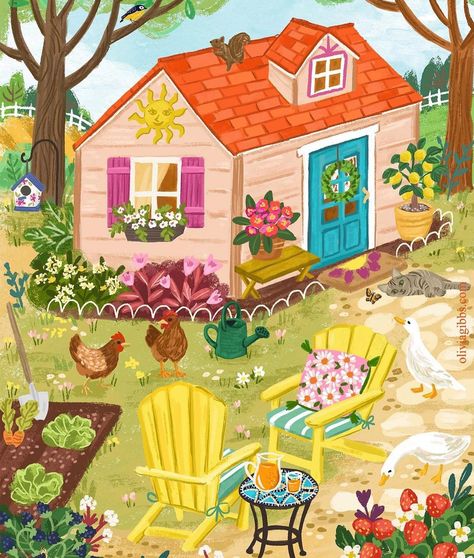 First day of summer vacation…. I will be hiding here from my kids 😅😅 Also, new print available in my shop ❤️🎉 . . . #artlicensing… | Olivia Gibbs (@oliviagibbsillustration) on Instagram Whimsical Garden Illustrations, Olivia Gibbs Illustration, House With Garden Drawing, Tea Reference, Summer Garden Illustration, Olivia Gibbs, Country House Colors, Gardening Illustration, Garden Illustrations