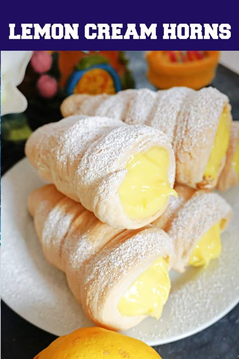 Lemon Cream Horns with puff pastry and lemon custard filling, a super easy dessert to make at home without the horn moulds. It's quick and the lemon kick makes this dessert perfect for Easter too. These cream horn can be made with any filling of your choice, either vanilla, orange or anything else that you fancy. Custard Rolls, Custard Bread, Easy Buns, Fancy Baking, Super Easy Dessert, Cream Filling Recipe, Cream Horn, Cannoli Recipe, Super Easy Desserts