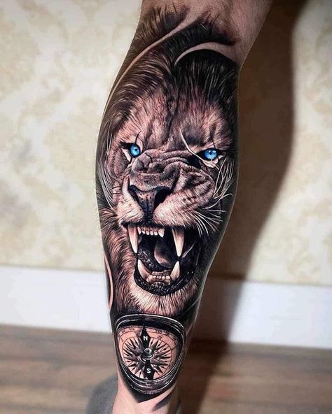 Lion Tattoo Design Leg Men, Thigh Lion Tattoo Man, Calf Lion Tattoo Men, Lion Tattoo On Calf For Men, Fierce Lion Tattoo Men, Calf Tattoo Designs Men, Leg Lion Tattoo Men, Mens Lion Tattoo Leg, Lion Leg Tattoo Men