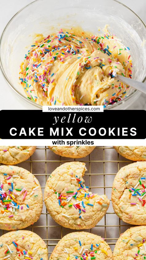 These yellow cake mix cookies with sprinkles are your answer to impressive and easy cookies in just 20 minutes like you labored in the kitchen all day. You only need a box of cake mix and 3 more ingredients to make this easy cake mix cookie recipe. Box Cake Mix Cookies 3 Ingredients, Yellow Box Cake Mix Cookies, Yellow Cake Mix Desserts 3 Ingredients, Yellow Cake Cookies Recipe, Yellow Cake Cookies With Chocolate Frosting, Cake Mix Cookie Recipes 3 Ingredients, Cookies With Yellow Cake Mix Boxes, Cookie Recipe From Box Cake, Things To Make With Yellow Cake Mix Boxes