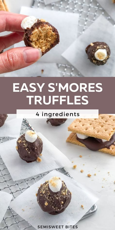 Stovetop smores truffles can be enjoyed any time of year! These 4 ingredient chocolate truffles with marshmallows and crushed graham crackers are s'mores in truffle form. Plus, this easy no bake dessert recipe only takes 15 minutes of active prep time to make. Stovetop Smores, Smores Truffles, Graham Cracker Crumble, Truffle Recipe Easy, Easy Smores, Desserts With Few Ingredients, Dessert Truffles, Chocolate Candy Recipes, Best Chocolate Desserts