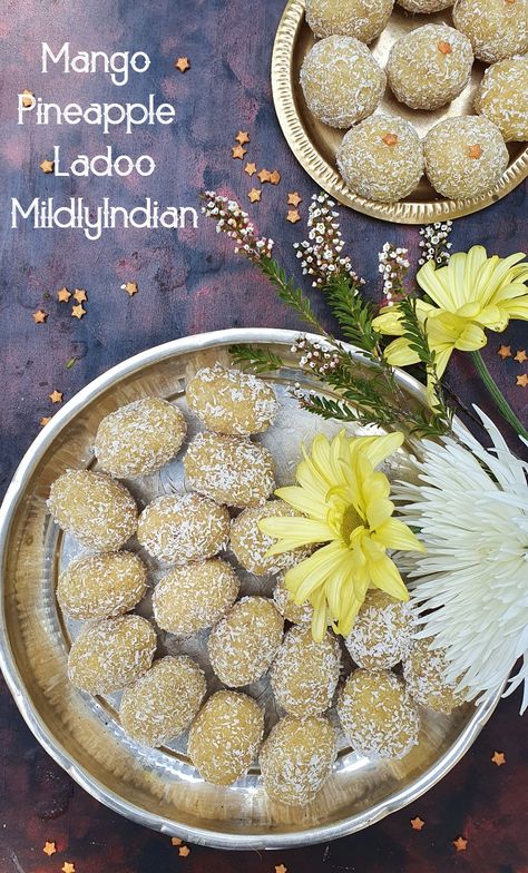 Mango pineapple coconut ladoo. Festival Sweets, Indian Mithai, Diwali Gift Box, Toasted Quinoa, Sweet Boxes, Indian Dinner, Mango Pineapple, Diwali Sweets, Cooking Challenge