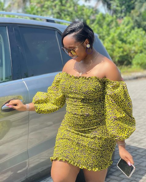 Beautiful Smoky Gown style Ankara Smoky Short Gown Styles, Smoky Dress Style, Ankara Smoky Gown Styles, Smoky Ankara Styles, Smoky Gowns Ankara, Off Shoulder African Print Dresses, Styles For Ankara, Native African, Ruffled Dresses