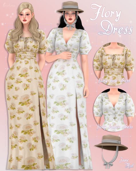 Flory Dress + Jane Hat | HuiEn on Patreon Cottage Clothing, The Sims 4 Custom Content, Cc Packs, Cottage Dress, Cottagecore Outfit, Sims 4 Cc Kids Clothing, Cottagecore Clothes, Sims 4 Mm Cc, Sims 4 Cc Folder