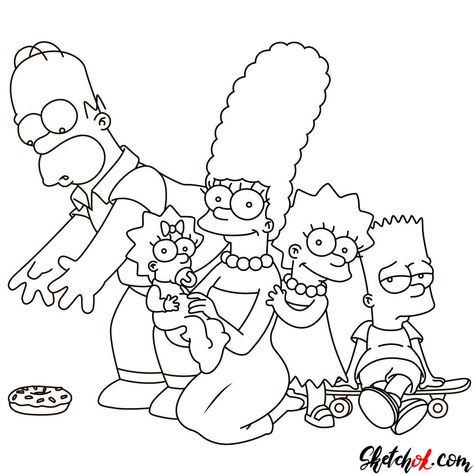 How to draw the Simpsons family together - Sketchok easy drawing guides Homer Simpson Drawing, The Simpsons Family, Simpsons Tattoo, Simpsons Drawings, Dibujo Simple, Simpsons Characters, Funny Yugioh Cards, Tiger Drawing, Coloring Pages Inspirational