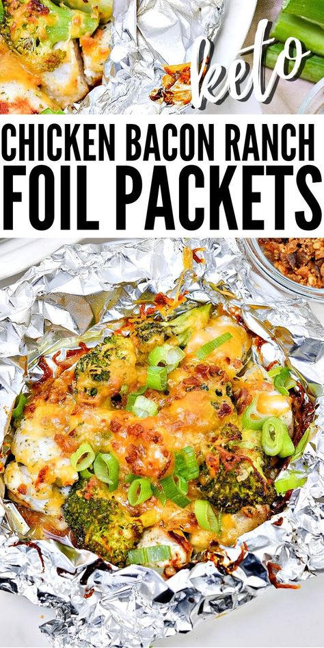 Keto Chicken Bacon Ranch Foil Packets - Enjoy the popular combination of chicken, bacon, and ranch, without the mess! These easy chicken foil packets can easily be made in the air fryer, on the grill or the oven in just 20 minutes. #keto #ketodiet #ketorecipes #Ketofoilpackets #ketochickenbaconranch #foilpackets #hobomeal #dinner #summerrecipes #grilling #airfryer chicken #food #recipes Chicken Foil Packets Air Fryer, Chicken Potato Foil Packets, Foil Packs In The Oven, Air Fryer Hobo Packets, Low Carb Foil Packets For The Oven, Air Fryer Foil Packets, Grilled Chicken Foil Packets, Foil Chicken Packets Oven, Chicken Thigh Foil Packets For The Oven