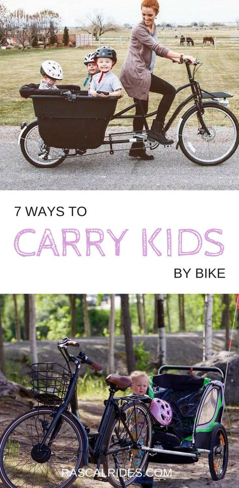 7 Ways to Carry Kids by Bike including trailers, trailer-cycles, cargo bikes, bike seats, and more. Bike Trailers, Family Bike, Childrens Bike, Child Bike Seat, Riding Bike, Bike Trailer, Kids Bicycle, Bike Reviews, Cargo Bike