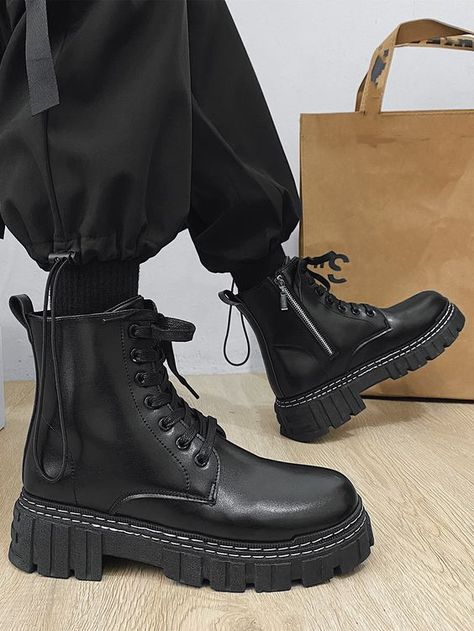 Boot Styles For Men, Mens Black Combat Boots, How To Style Boots Men, Boots For Men Aesthetic, Black Platform Boots Men, Mens Goth Boots, Black Boots Men Outfit Aesthetic, Grunge Boots Men, Emo Boots Men