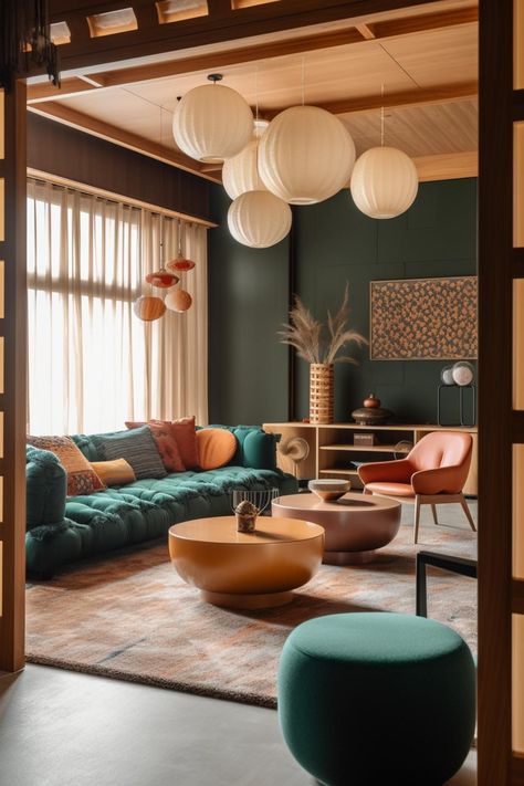 Neutral Aesthetic With Pop Of Color, Green Room Interior Design, Modern Pop Of Color Living Room, Japandi Interiors Colorful, Japandi Interior With Color, Scandinavian Interior With Pops Of Color, Calm Colorful Living Room, Eclectic Japanese Interior, Dark Green Sofa Color Combinations