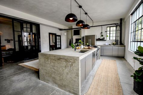 Concrete Kitchen Island Ideas, Cement Kitchen Island, Restored By The Fords, Polished Concrete Kitchen, Cement Kitchen, Concrete Island, Concrete Kitchen Island, Concrete Outdoor Kitchen, Kitchen Island With Sink