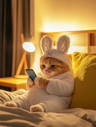 ↑↑↑ Larger size on website 🔸 A cat wearing a white bunny onesie sits on a bed and uses a smartphone. The cat is looking at the ph Wooden Single Bed, Serious Expression, Bunny Onesie, Chubby Cat, Pajamas Short, White Cartoon, Modern Style Furniture, Yellow Pillows, Cartoon Rabbit