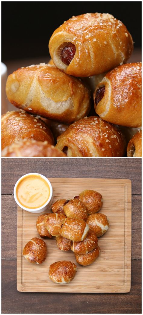 Pigs In A Pretzel Blanket Tasty Videos, Game Day Snacks, Super Bowl Party, Pigs In A Blanket, Super Bowl Food, Finger Food Appetizers, Football Food, Snacks Für Party, Party Food Appetizers