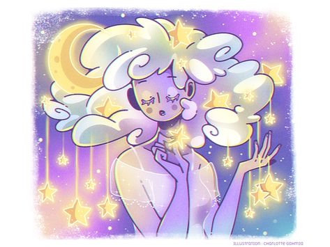 Cloud Hair - Night time by Charlotte on Dribbble Cloud Hair Drawing, Cloud Character Design, Cloud Princess, Cloud Character, Cloud Hair, Webtoon Ideas, Oc Board, Character Drawings, Creepy Drawings