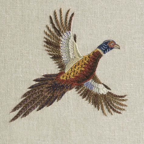 Chelsea Textiles | Fleeing Pheasants | Modern | Fabrics Hunting Fashion, Cross Stitch Games, Chelsea Textiles, Dorset Buttons, Modern Fabrics, Embroidery On Kurtis, Female Art Painting, Cross Stitch Bird, Bird Embroidery