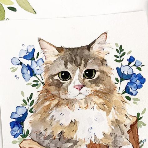 Art Ideas Painting Watercolors, Cute Animals Watercolor Paintings, Orange Cat Watercolor Painting, Painting Idea Watercolor, Paintings For Gifting, Cat In Watercolor, Watercolor Paintings Detailed, Ragdoll Cat Painting, Water Colour Prints