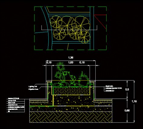 Box Detail Flowers DWG Detail for AutoCAD • Designs CAD Landscape Architecture Detail Drawing, Rooftop Garden Section Detail, Architect Tips, Garden Drainage, Lighting Drawing, Details Drawing, Landscape Details, Architecture Design Process, Concrete Plant Pots