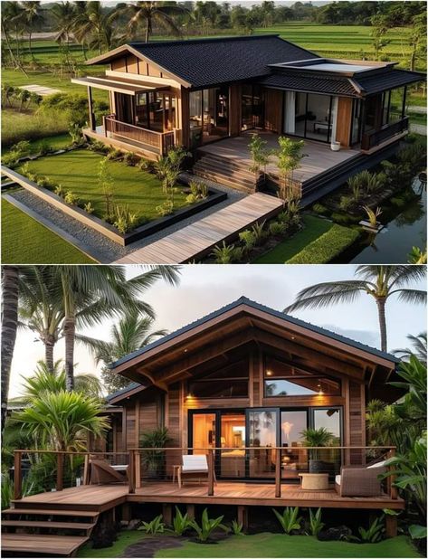 Modern Bali Villa Architecture, Tropical Wood House, Hawaii Home Exterior, Modern Bungalow House Design Philippines, Tropical Rest House, Farmhouse Philippines, Filipino House Design, Tropical Home Exterior, Modern Tropical Villa