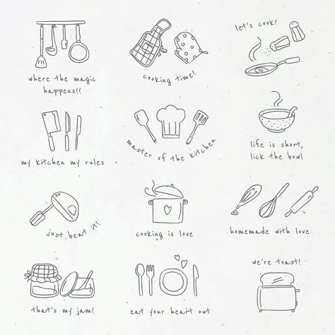 Chef Doodle Art, Baking Doodles Drawing, Small Baking Tattoo Ideas, Kitchen Line Drawing, Kitchen Doodle Art, Cooking Tattoo Ideas For Women, Kitchen Tattoo Ideas, Cooking Tattoo Ideas, Baking Tattoo Ideas